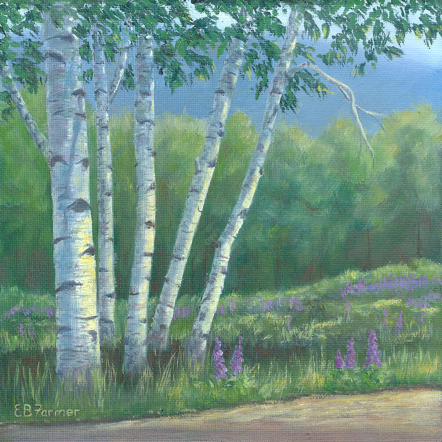 White Birch in Lupine Field Painting by Elaine Farmer