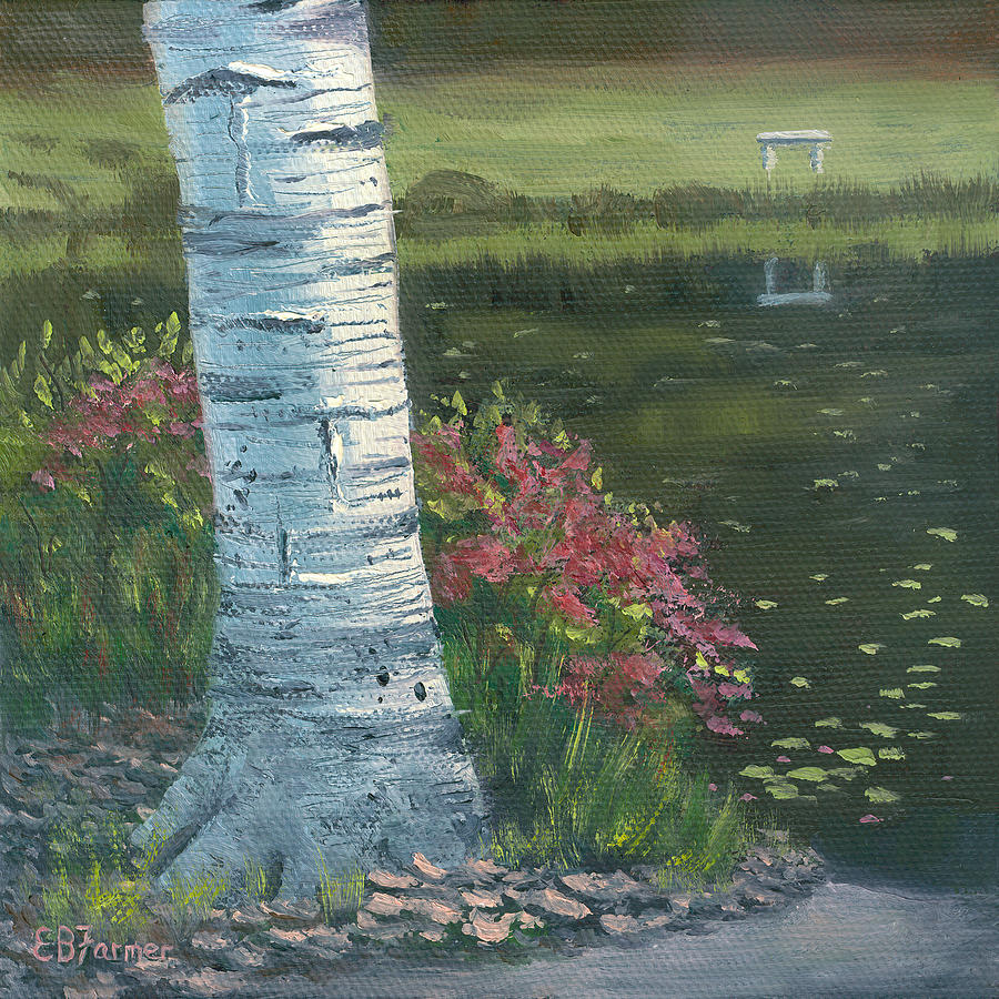 White Birch Trunk with Spring Flowers Painting by Elaine Farmer