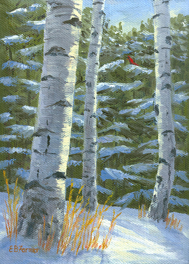 White Birch with evergreens and cardinal Painting by Elaine Farmer