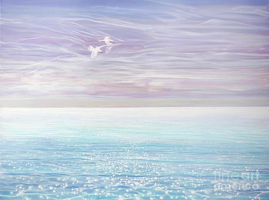 White Birds Blue Sea - large seascape oil painting Painting by Gill Bustamante
