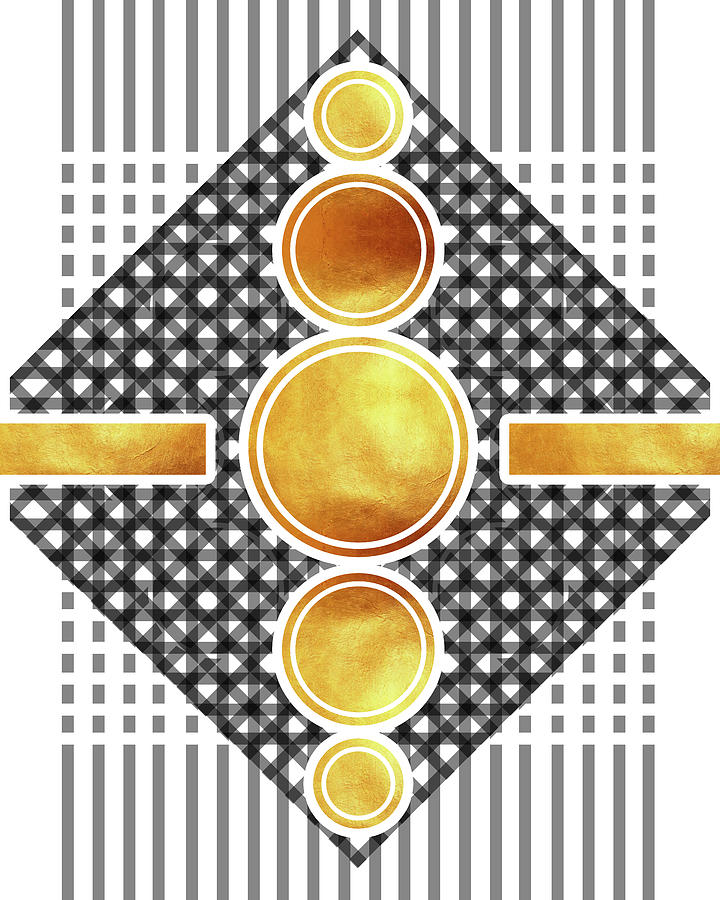 Black And White Mixed Media - White, Black and Gold Abstract - Modern Geometric Abstract - Pattern Design - Golden Circle Pattern by Studio Grafiikka