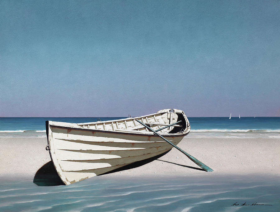 Boat Painting - White Boat On Beach by Zhen-huan Lu