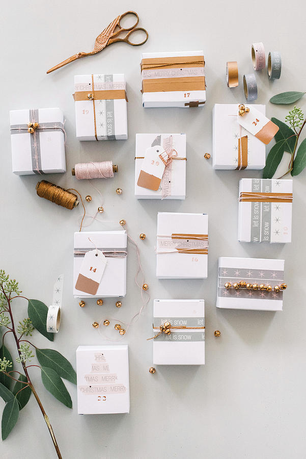 White Boxes Decorated With Washi Tape And String Photograph by Katja Heil