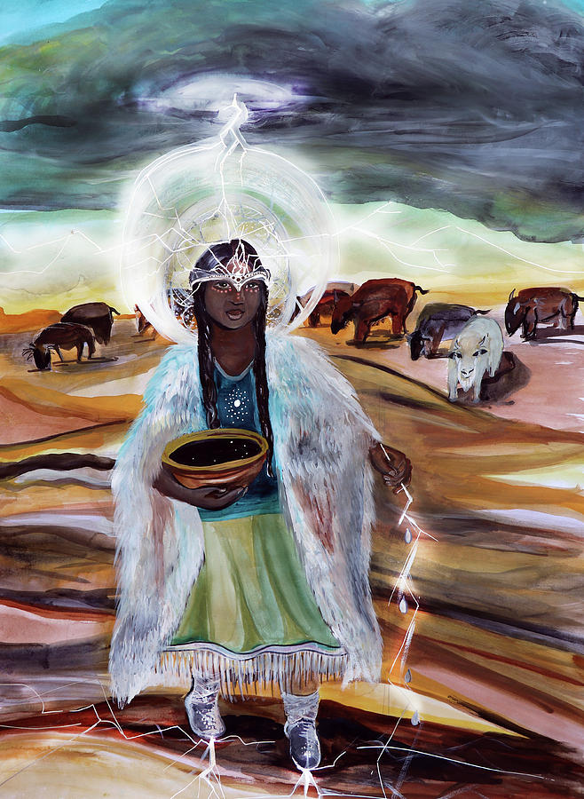 White Buffalo Calf Woman plants the seeds of Pleiades Painting by Josephine Thomason