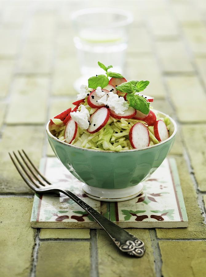 White Cabbage Salad With Radishes And Goats Cream Cheese Photograph by Mikkel Adsbl