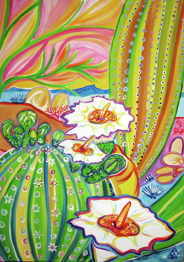 White Cactus Flowers Painting by Rachel Houseman