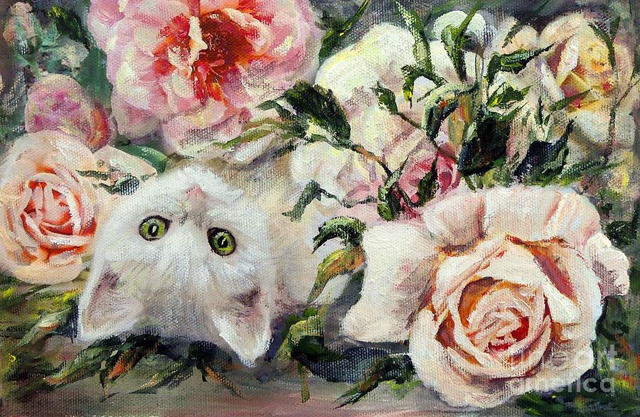 White cat and pink roses Painting by Ryn Shell