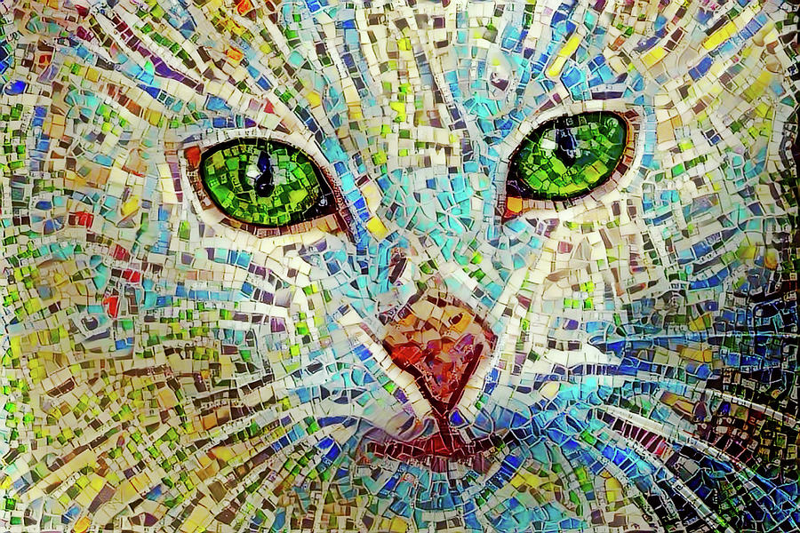 White Cat Mosaic Digital Art by Peggy Collins