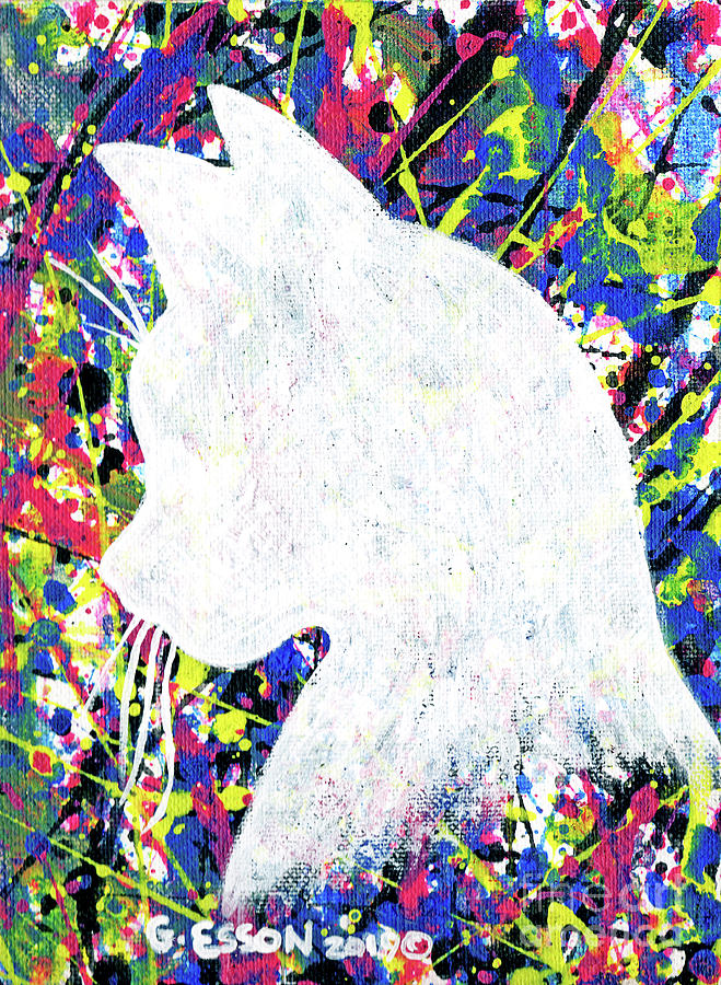 White Cat Silhouette Spatter Paint Abstract Painting by Genevieve Esson