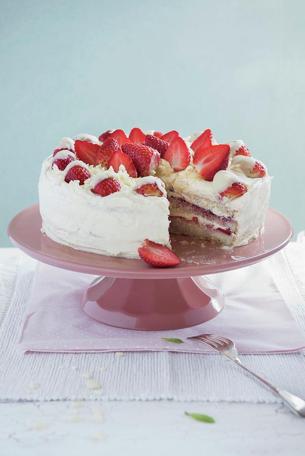 White Chocolate And Strawberry Cake On A Cake Stand, Sliced Photograph by Magdalena Hendey