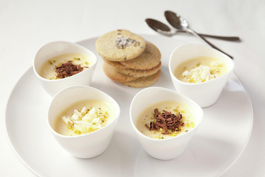 White Chocolate Mousse Pots With Lavender Biscuits Photograph by Amelia Johnson