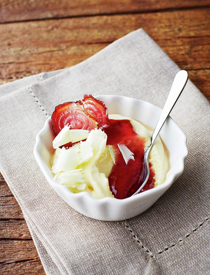 White Chocolate Mousse With Stripped, Candied Beetroot And A Red Sauce Photograph by Kai Schwabe