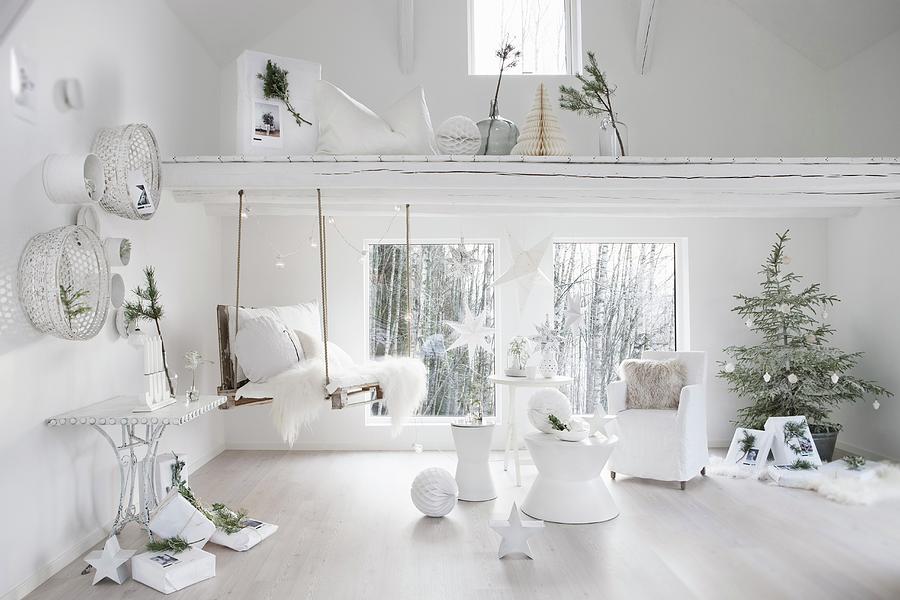 White Christmas Decorations And Branches In White Interior Photograph by Annette Nordstrom