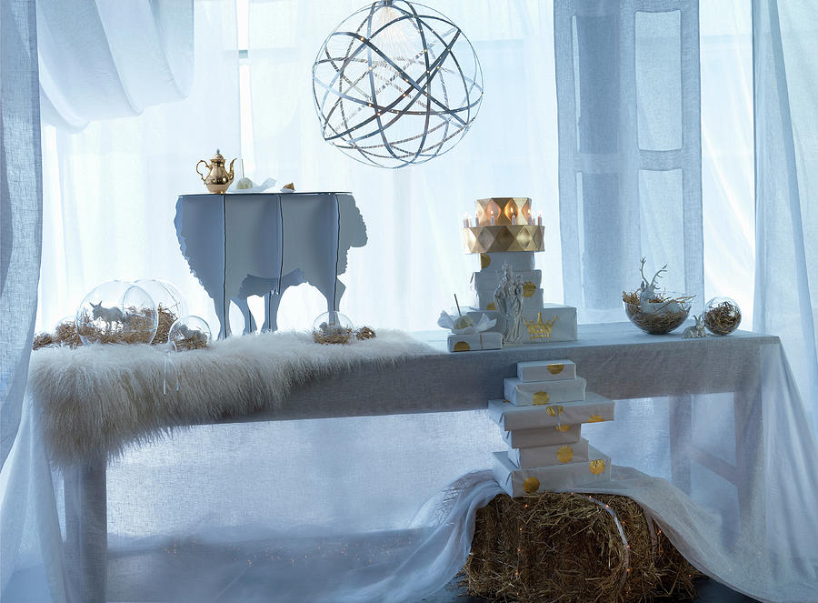 White Christmas Decorations On Long Dining Table Photograph by Matteo Manduzio