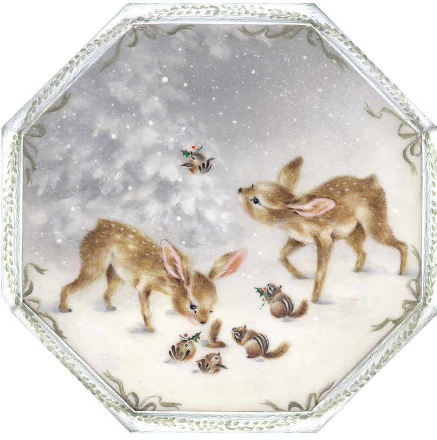 Two Fawns Painting - White Christmas by Peggy Harris