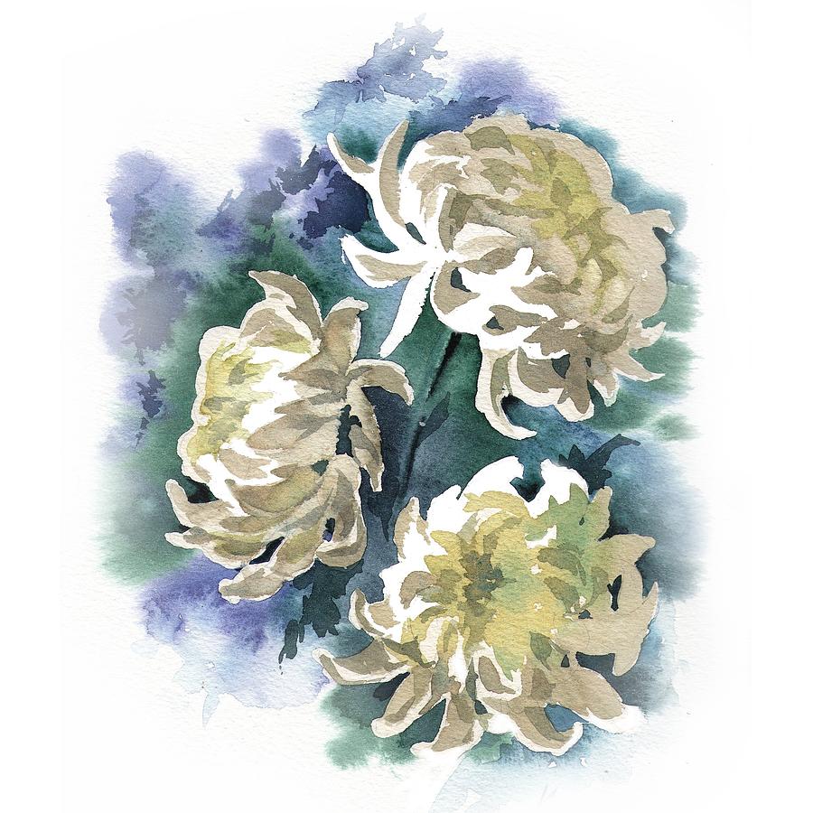 White Chrysanthemum Flowers Painting by Ina Petrashkevich