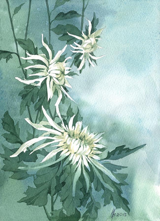 White Chrysanthemums Flowers Painting by Ina Petrashkevich