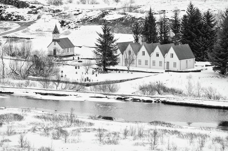 White Church Parliament Winter Scene Thingvellir National Park Iceland Black and White Photograph by Shawn OBrien