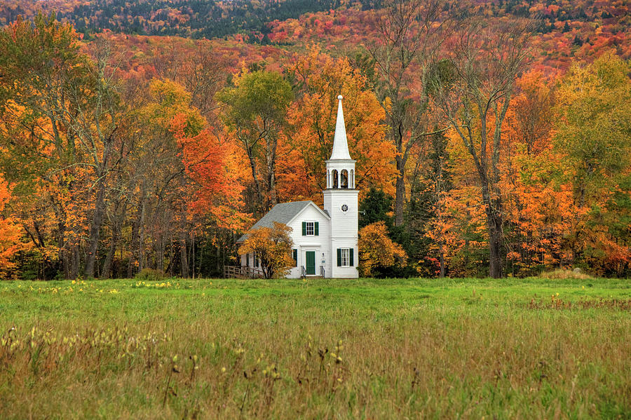 White Country Church in Autumn - Wonalancet Union Chapel  Photograph by Joann Vitali