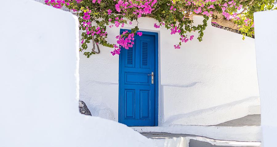 Greek Photograph - White Cycladic Architecture Blue Door by Levente Bodo