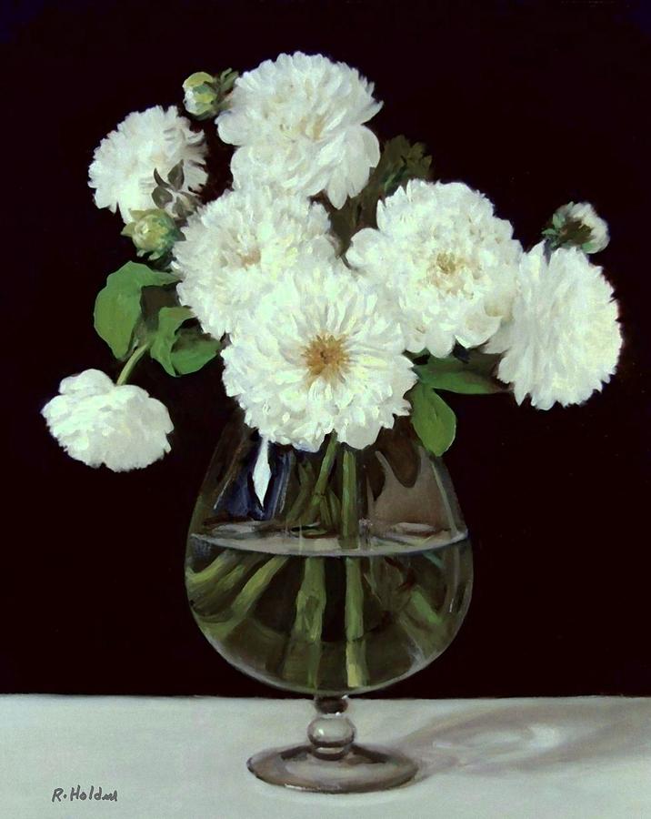 Still Life Painting - White Dahlias in Brandy Snifter by Robert Holden