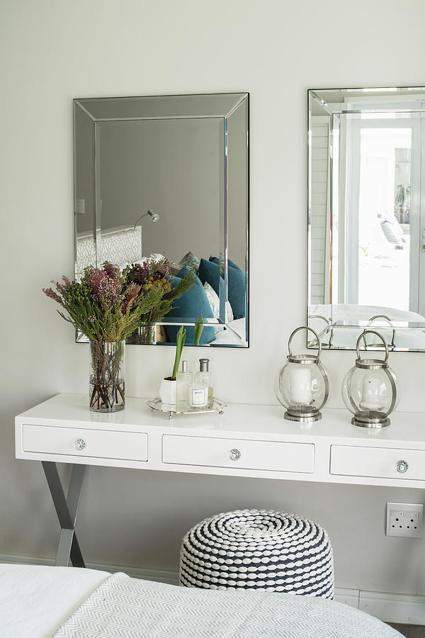 White Dressing Table With Two Mirrors And Pouffe Photograph by Great Stock!