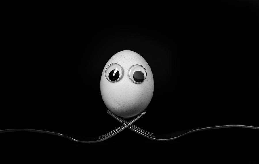 White egg resting on two metal and shiny forks on a black backg Photograph by Michalakis Ppalis White egg resting on two metal and shiny forks on a black backg Photograph by Michalakis Ppalis