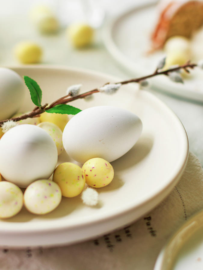 White Eggs And Chocolate Easter Eggs Photograph by Maria Squires