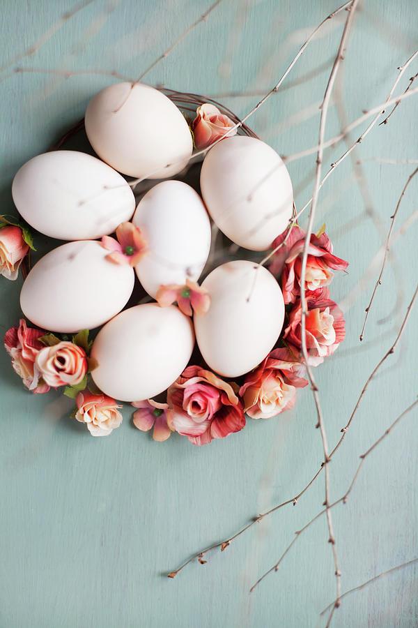 White Eggs, Roses And Twigs Photograph by Alicja Koll