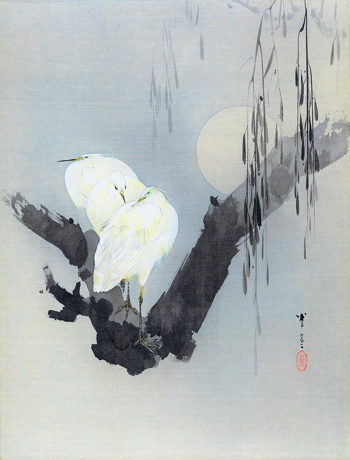 Animal Painting - White egret and Moon - Digital Remastered Edition by Watanabe Seitei