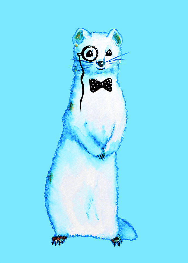 White Ferret Hipster With Monocle And Bow Tie / Watercolor Drawing Mixed Media by Boriana Giormova