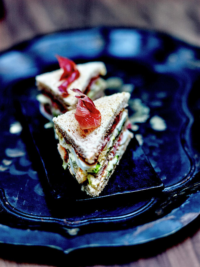White Fish-mayonnaise,hard-boiled Egg,tomato,lettuce And Grilled Bayonne Ham Club Sandwich Photograph by Amiel