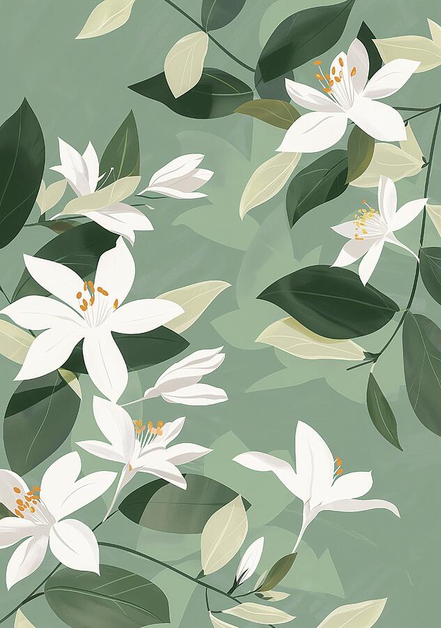 White Flowers On Green Background Digital Art by Trendy Art White Flowers On Green Background Digital Art by Trendy Art