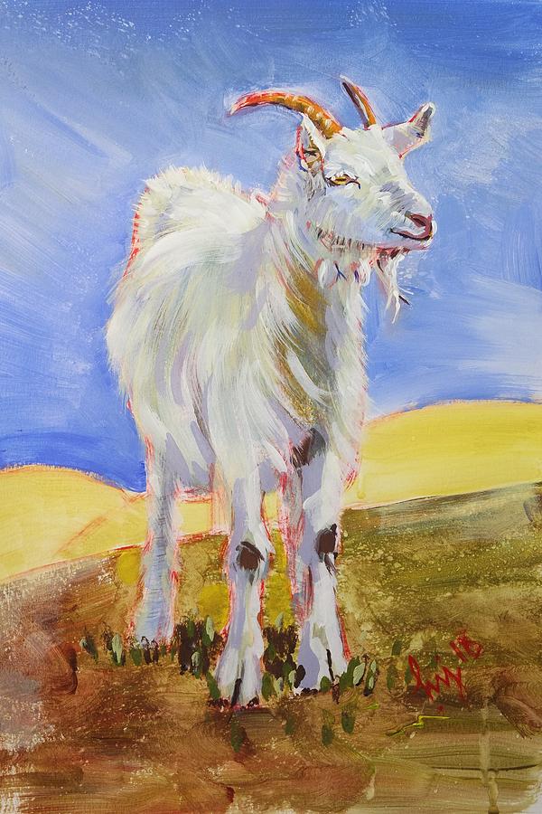 White goat with horns painting Painting by Mike Jory