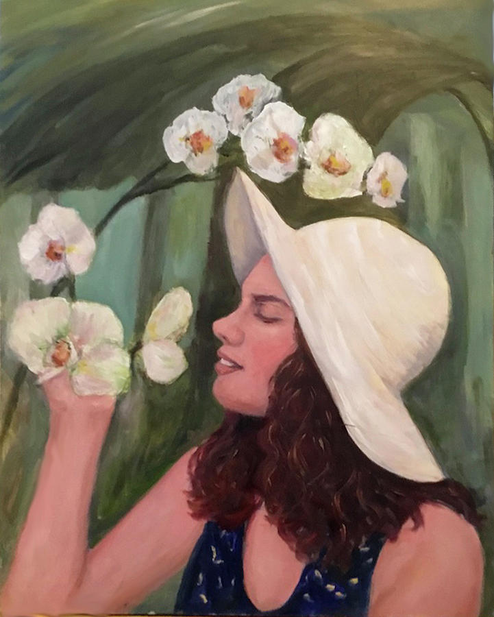 White Hat, White Orchids Painting by Sandra Nardone