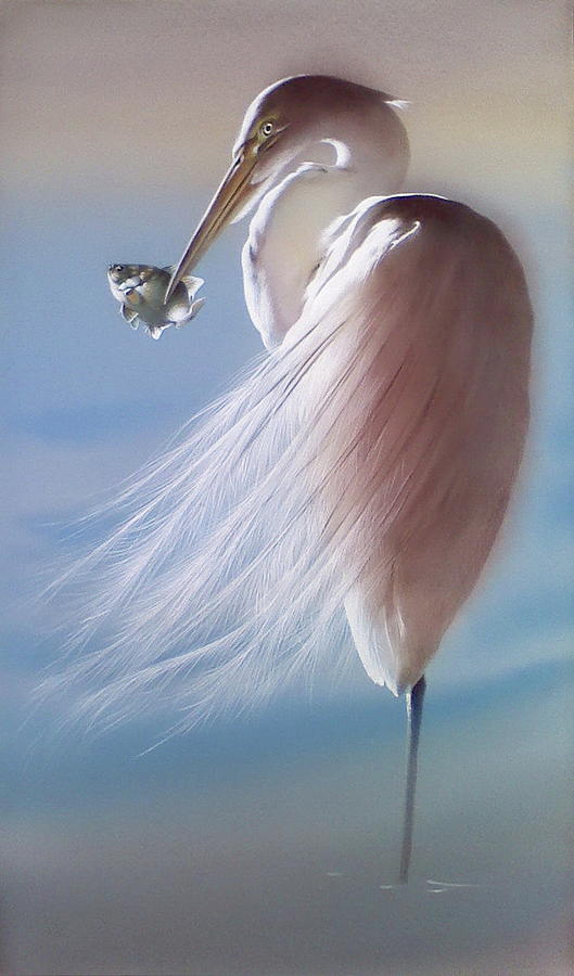 White Heron with Fish Painting by Alina Oseeva
