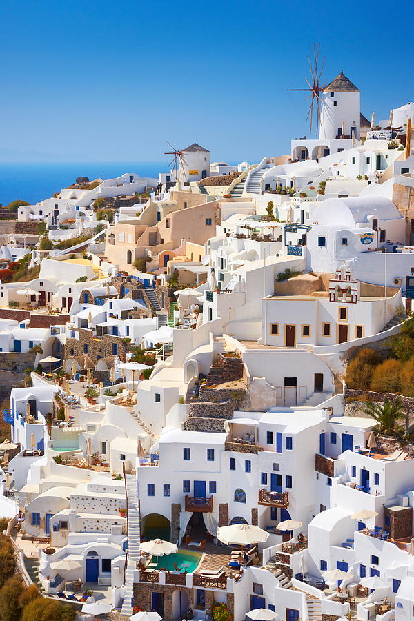 Architecture Photograph - White Houses And Windmiil In Oia Town by Jan Wlodarczyk