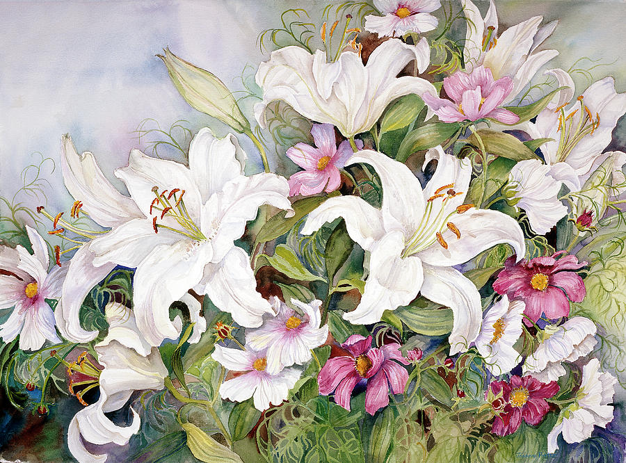 White Lilies And Mixed Colored Cosmos Painting by Joanne Porter
