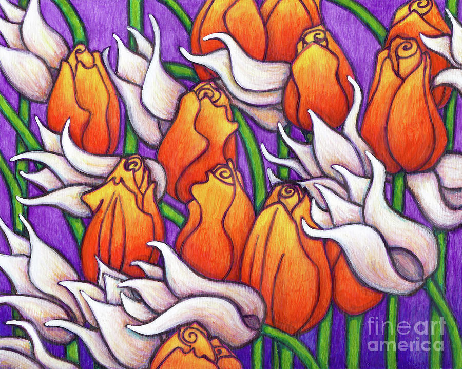 White Lily and Orange Emperor Tulips Painting by Amy E Fraser