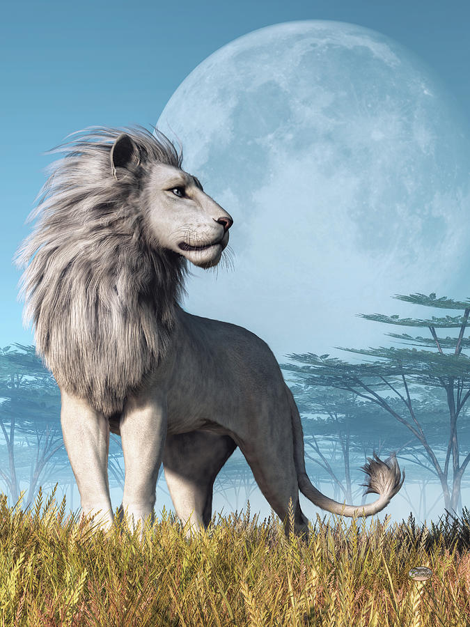 White Lion And Full Moon Digital Art