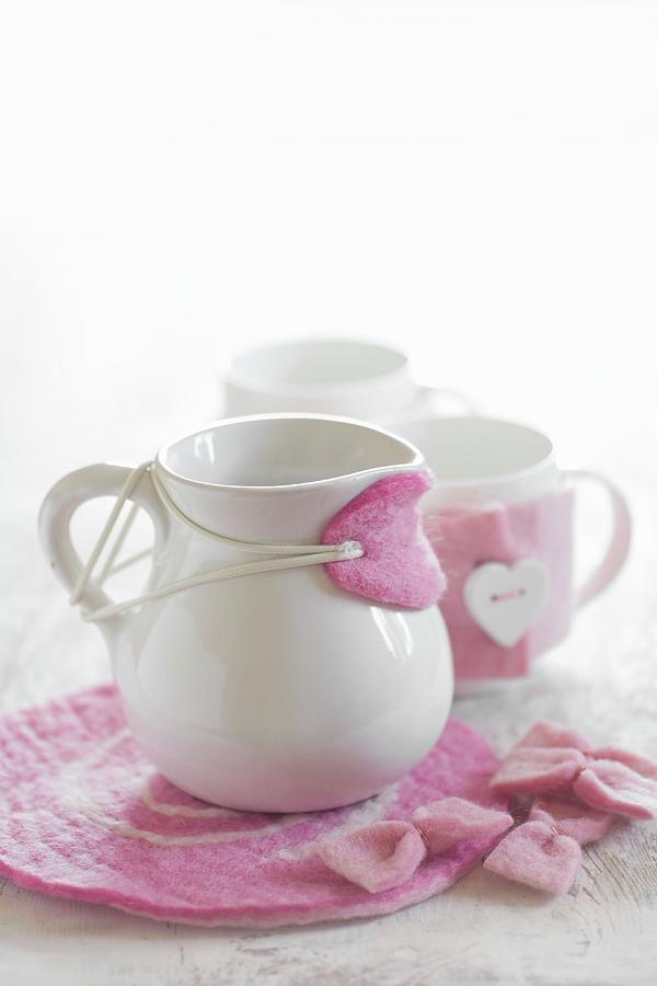 White Milk Jug With Hand-made Pink Felt Drip Catcher And Coaster Photograph by Alicja Koll