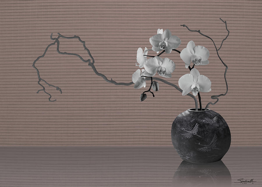 White Orchids in Crane Vase Digital Art by M Spadecaller