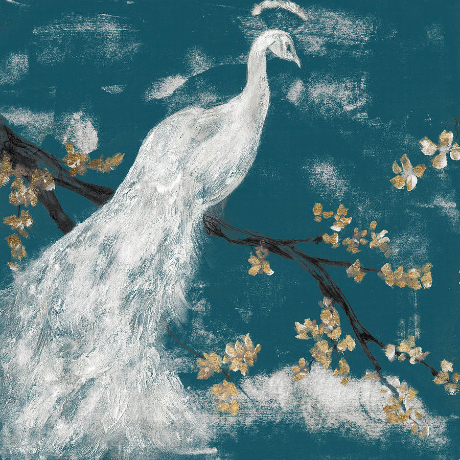 White Peacock On Indigo I Painting By Jennifer Goldberger