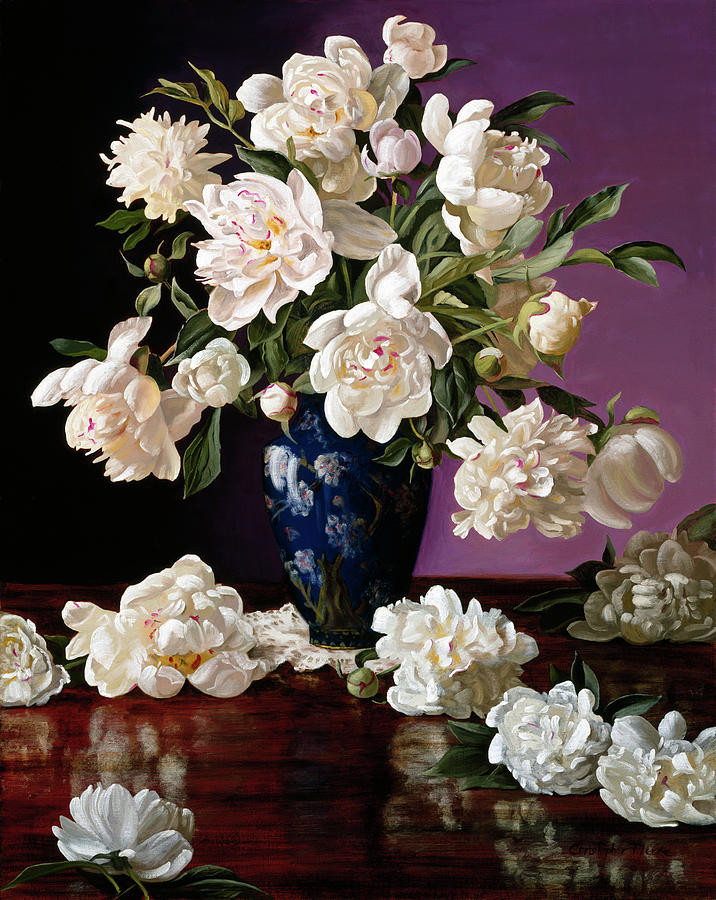 Still Life Painting - White Peonies In Blue Chinese Vase by Christopher Pierce