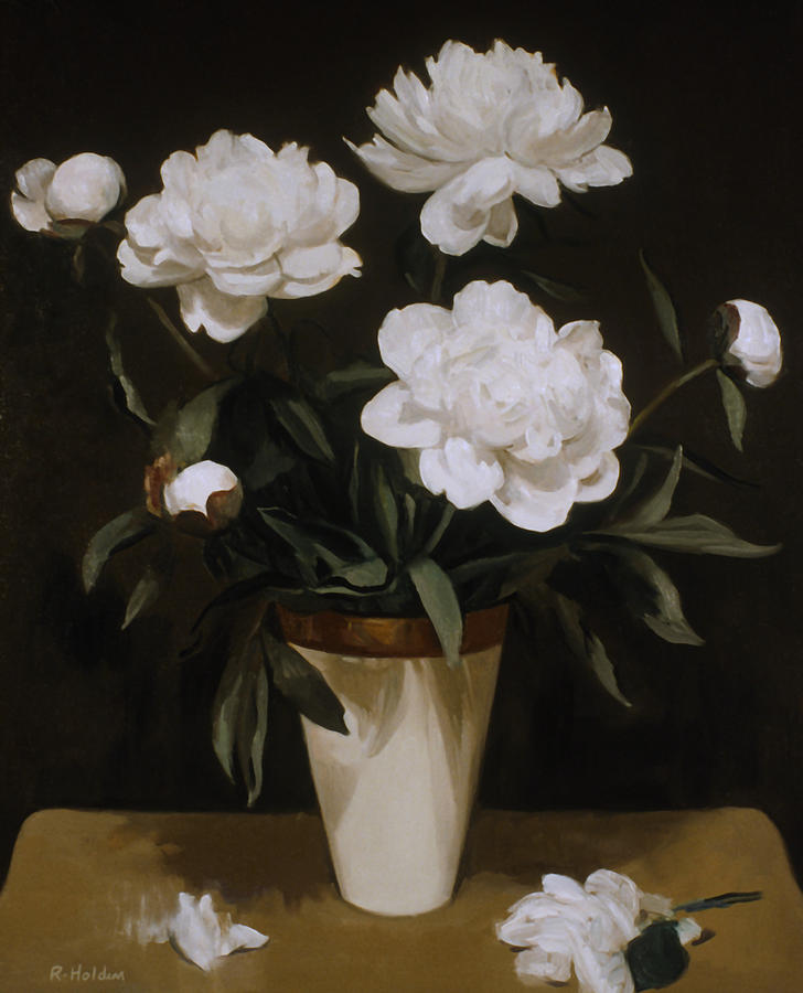 White Peonies In Cone Shaped Vase Painting By Robert Holden