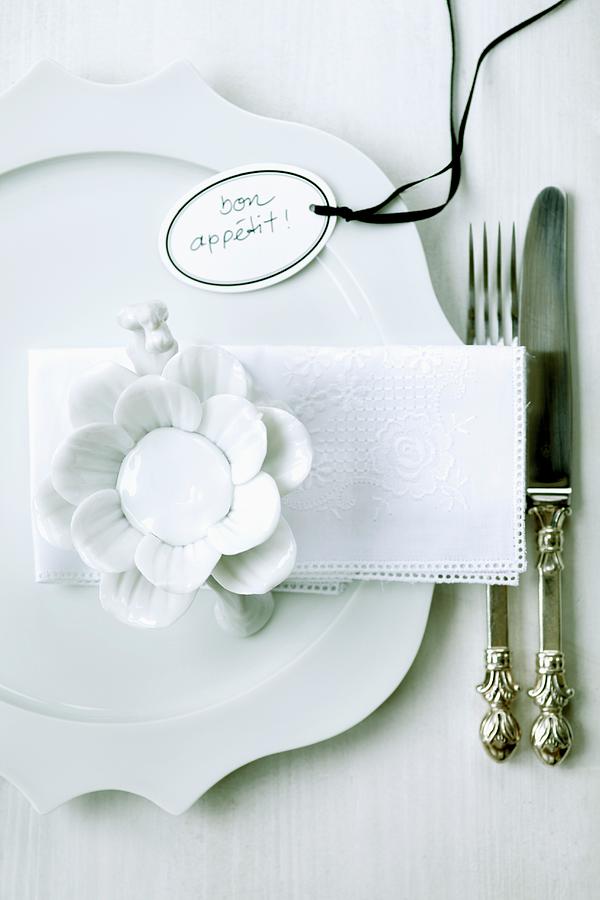 White Place Setting With China Flower And Tag Labelled bon Apptit Photograph by Pics On-line / June Tuesday