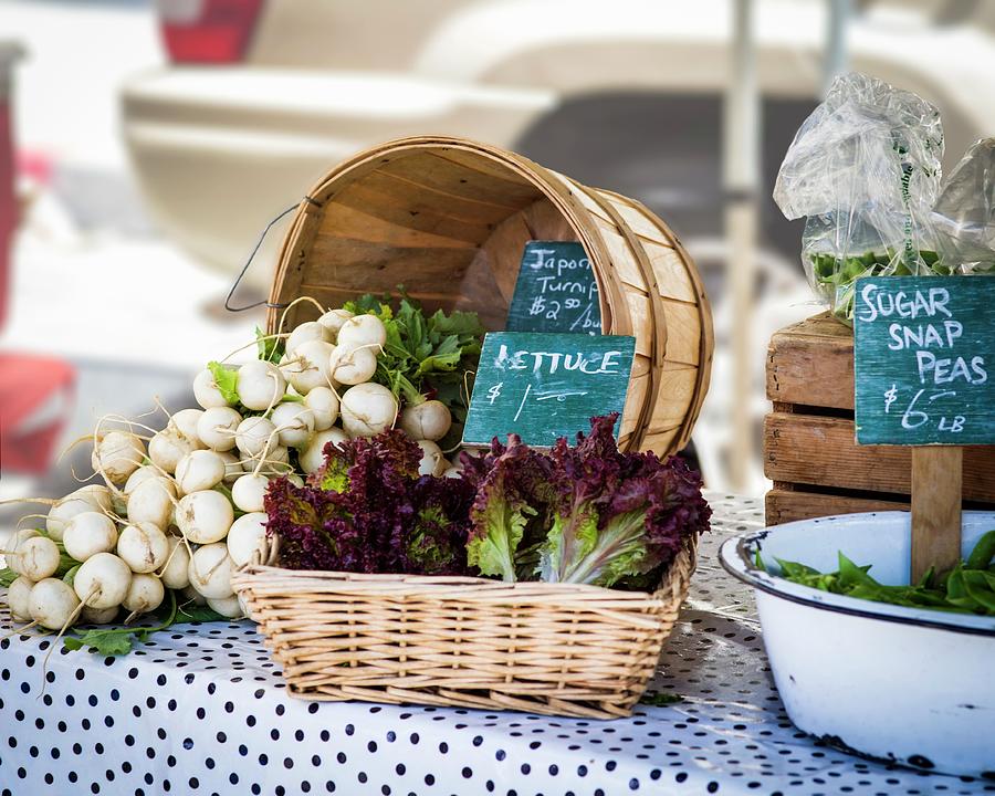 White Radishes, Lettuce And Mange Tout At A Farmers Market Photograph by Don Crossland