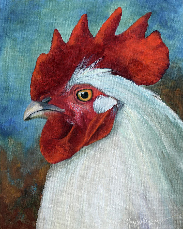 White Rooster Portrait Painting by Cheri Wollenberg