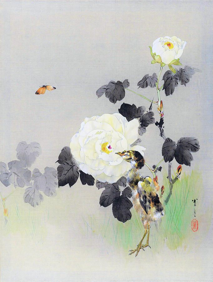 Flower Painting - White roses and butterflies and chicks - Digital Remastered Edition by Watanabe Seitei