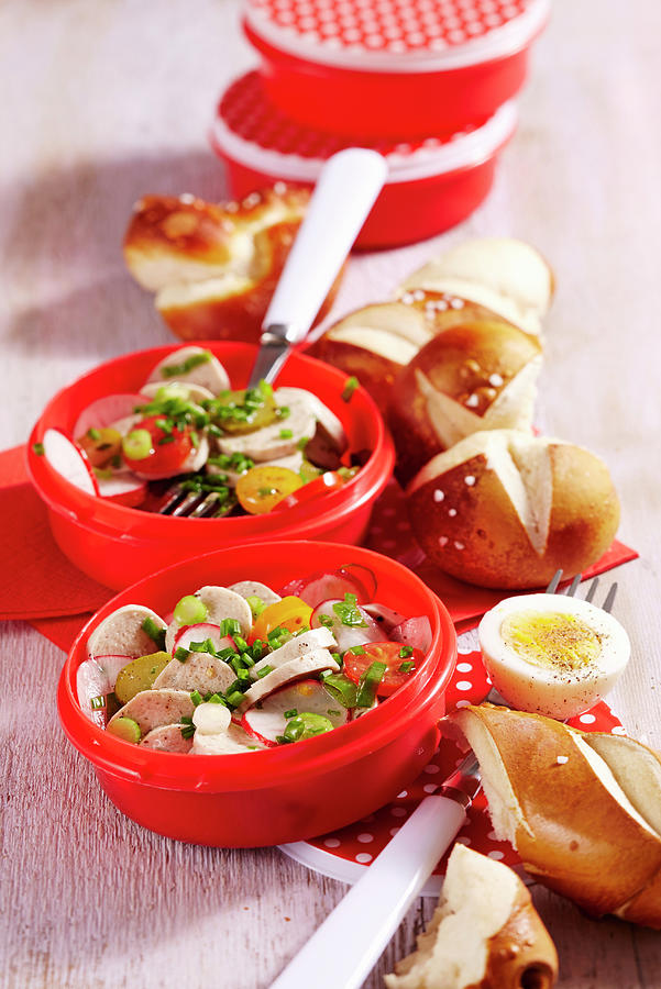 White Sausage Salad With Lye Bread Rolls In Plastic Containers To Take Away Photograph by Teubner Foodfoto